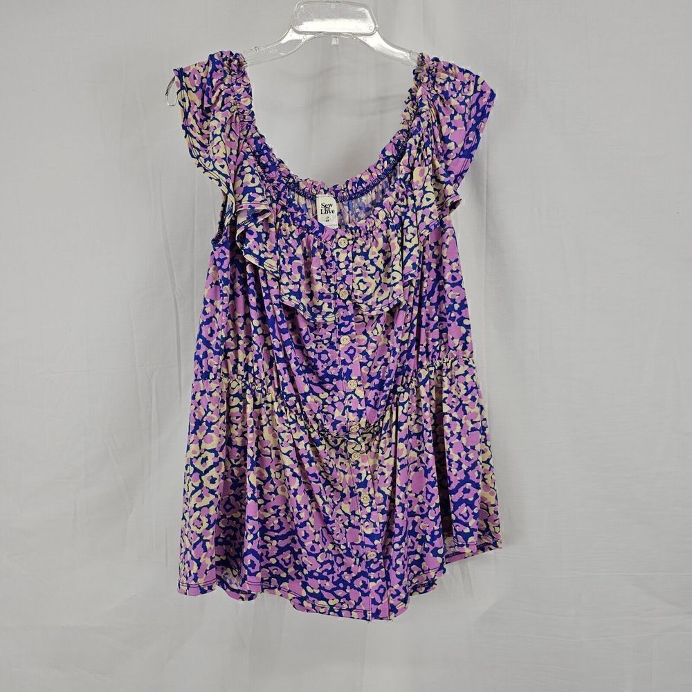 Sew In Love Plus Size Women's 2X Purple Blue Cream Feaux Button Front Blouse